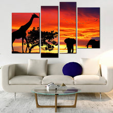 Load image into Gallery viewer, forest wildlife canvas print african silhouette 4 piece canvas elephant giraffe orange sunset landscape wall art for Living Room
