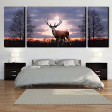 Load image into Gallery viewer, forest  wildlife  orange  sunset  animal  land  canvas  wall  art  grey  sky  fallow  deer  3  piece  canvas  print  for  bedroom

