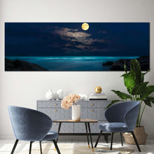 Load image into Gallery viewer, full  moon  canvas  wall  art  blue  cloudy  ocean  at  night  1  piece  canvas  print  brown  rock  beach  canvas  artwork For Living Room
