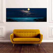 Load image into Gallery viewer, full  moon  canvas  wall  art  blue  cloudy  ocean  at  night  1  piece  canvas  print  brown  rock  beach  canvas  artwork In Living Room
