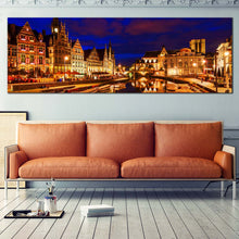 Load image into Gallery viewer, ghent  city  canvas  print  discover  belgium  canals  serenity  with  blue  sky  panoramic  canvas  wall  art In Living Room
