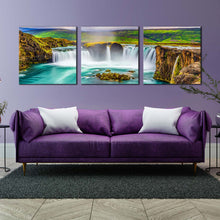 Load image into Gallery viewer, godafoss  waterfall  canvas  print  sea  green  skjalfandafljot  river  waterfall  canvas  set  beautiful  colorful  waterfall  iceland  3  piece  canvas  wall  art In Living Room
