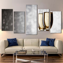 Load image into Gallery viewer, golden wine canvas wall art champagne drink glasses 5 piece canvas yellow black winery glasses canvas print For Living Room
