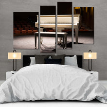 Load image into Gallery viewer, grand piano canvas print white elegant piano 4 piece canvas wall art brown chair music instrument multi canvas for bedroom
