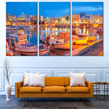 Load image into Gallery viewer, greece yellow city lights canvas print heraklion city blue sky 3 piece canvas wall art In Living Room
