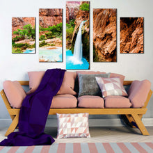 Load image into Gallery viewer, havasu falls canvas wall art arizona beautiful brown rock waterfall multi canvas artwork waterfall rocks blue water 5 piece canvas print For Your Living Room
