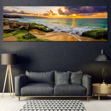 Load image into Gallery viewer, hawaii  ocean  canvas  print  cloudy  yellow  sunset  ocean  beach  1  piece  canvas  print  green  ocean  rocks  canvas  wall  art For Living Room
