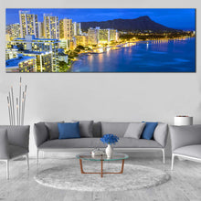 Load image into Gallery viewer, hawaiian  beach  city  buildings  lights  at  dusk  large  canvas  wall  art In Living Room
