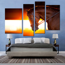 Load image into Gallery viewer, horse portrait canvas wall art brown horse closeup 4 piece multi canvas artwork beautiful horse at orange sunset canvas print in bedroom

