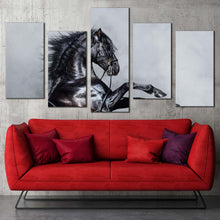 Load image into Gallery viewer, horse rearing canvas wall art classic stallion multi canvas artwork grey shiny horse 5 piece canvas print black elegant horse canvas set In Living Room

