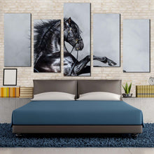 Load image into Gallery viewer, horse rearing canvas wall art classic stallion multi canvas artwork grey shiny horse 5 piece canvas print black elegant horse canvas set For Bedroom
