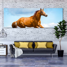 Load image into Gallery viewer, horse  runs  canvas  print  brown  horse  in  air  1  piece  canvas  wall  art  blue  sky  horse  gallop  wide  canvas In Living Room

