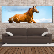 Load image into Gallery viewer, horse  runs  canvas  print  brown  horse  in  air  1  piece  canvas  wall  art  blue  sky  horse  gallop  wide  canvas For Living Room
