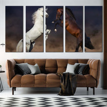 Load image into Gallery viewer, horses desert canvas wall art white brown horses rearing 5 piece canvas print two horse fight multiple canvas For Living Room

