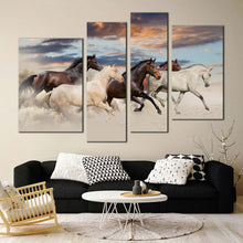 Load image into Gallery viewer, horses herd canvas wall art white brown horses galloping 4 piece canvas print five running horses multiple canvas
