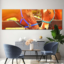 Load image into Gallery viewer, horses  kissing  canvas  wall  art  2  brown  horses  heads  panoramic  canvas  print  horses  in  orange  sun  wide  canvas For Living Room
