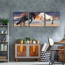 Load image into Gallery viewer, horses  playing  canvas  wall  art  horses  fight  3  piece  multiple  canvas  black  white  horses  rearing  triptych  canvas  print
