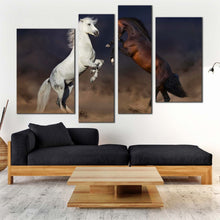 Load image into Gallery viewer, horses rearing canvas wall art two horses fight 4 piece multi canvas white brown horses dust canvas print for your living room
