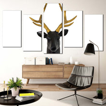 Load image into Gallery viewer, isolated deer canvas wall art white deer background 5 piece canvas black deer head multi canvas brown deer canvas set In Living Room
