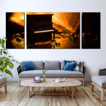 Load image into Gallery viewer, isolated  piano  canvas  wall  art  orange  abstract  piano  elegance  3  piece  canvas  print  black  grand  piano  multi  canvas In Living Room
