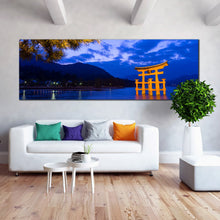 Load image into Gallery viewer, itsukushima  shrine  wall  art  yellow  shinto  city  ocean  panoramic  canvas  blue  evening  mountain  canvas  print In Living Room
