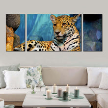 Load image into Gallery viewer, jaguar  resting  canvas  wall  art  jaguar  portrait  3  piece  canvas  print  yellow  white  jaguar  animal  multi  canvas In Living Room
