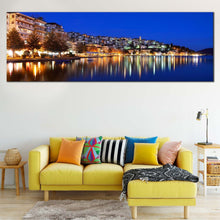 Load image into Gallery viewer, kastoria  city  canvas  printgreece  blue  sky  cityscape  1  piece  canvas  wall  art  yellow  houses      sea  reflection  for Living Room
