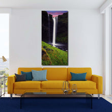 Load image into Gallery viewer, kvernufoss  waterfall  canvas  wall  art  amazing  white  iceland  falls  canvas  artwork  green  mountain  waterfall  vertical  canvas  print In Living Room
