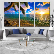 Load image into Gallery viewer, lanikai beach canvas wall art ocean beach in kailua triptych canvas print colorful hawaii ocean 3 piece canvas set For Living Room

