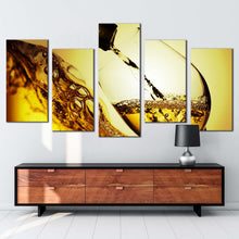 Load image into Gallery viewer, liquor glass canvas wall art yellow wine glass close up 5 piece canvas print white wine pouring canvas set In Living Room
