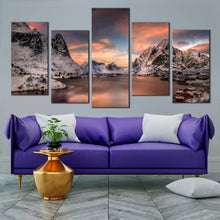 Load image into Gallery viewer, lofoten dreams grey reinevagen cloudy canvas printnorway orange sunset city mountain 5 piece canvas wall art In Living Room
