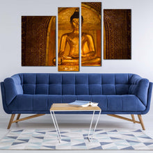 Load image into Gallery viewer, lord buddha canvas wall art brown wat phra singh temple 4 piece multiple canvas gold peaceful buddha statue canvas print in living room
