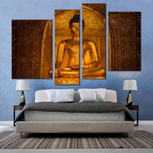 Load image into Gallery viewer, lord buddha canvas wall art brown wat phra singh temple 4 piece multiple canvas gold peaceful buddha statue canvas print
