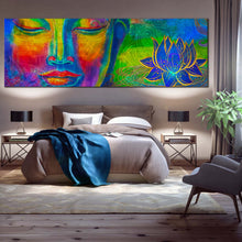 Load image into Gallery viewer, lord  buddha  canvas  wall  art  head  of  buddha  digital  canvas  artwork  colorful  buddha  panoramic  canvas  print In Bedroom
