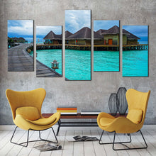 Load image into Gallery viewer, maldives sea canvas print beautiful blue sky ocean multi canvas artwork brown ocean wooden bridge water villa 5 piece canvas wall art For Living room
