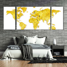 Load image into Gallery viewer, map continents canvas print white background yellow world map 3 piece multi canvas artwork gold abstract world triptych canvas wall art In Bedroom
