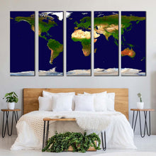 Load image into Gallery viewer, map continents detail world map digital painting 5 piece multiple canvas blue flat earth canvas set flat world multi canvas artwork In Bedroom
