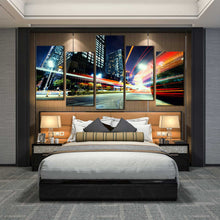 Load image into Gallery viewer, modern city traffic lights trail at dark 5 panel canvas print For Your Bedroom
