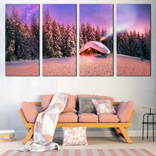 Load image into Gallery viewer, moonlit forest dreams wall art blue starry sky canvas in 4 panels with snow capped mountains multi canvas In Living Room
