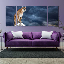 Load image into Gallery viewer, mountain lion canvas print cougar white mountain sky triptych canvas set brown puma animal 3 piece canvas wall art In Living Room
