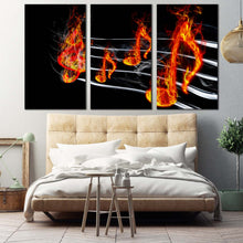 Load image into Gallery viewer, music harmony canvas wall art red burning music 3 piece canvas set black abstract curved music triptych canvas print For Bedroom

