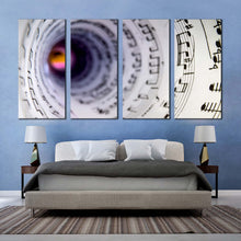 Load image into Gallery viewer, musical notes canvas wall art white music notes tunnel 4 piece canvas print abstract black music note swirl canvas set For Bedroom
