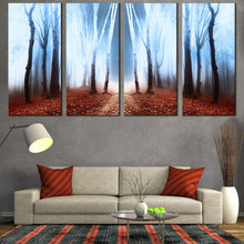 Load image into Gallery viewer, mystical elegance canvas print white fog mystic forest trees 4 piece canvas wall art for your Living Room
