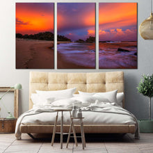 Load image into Gallery viewer, nambucca heads canvas wall art australia dramatic orange sky ocean triptych canvas print brown wellington beach 3 piece canvas set For Bedroom
