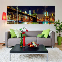 Load image into Gallery viewer, new york canvas print blue sky nyc river reflection 3 piece multiple canvas colorful manhattan skyline brooklyn bridge canvas wall art In Living Room
