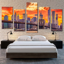 Load image into Gallery viewer, new york canvas print brown brooklyn bridge 5 piece canvas wall art yellow orange manhattan skyline multi canvas artwork In Bedroom
