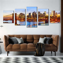 Load image into Gallery viewer, new york canvas wall art brooklyn bridge at blue sky 5 piece canvas print brown manhattan cityscape multiple canvas In Your Living room
