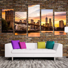 Load image into Gallery viewer, new york canvas wall art brown brooklyn bridge park 5 piece multi canvas manhattan yellow sunset canvas print nyc view from brooklyn canvas set For Living room
