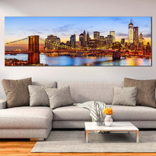 Load image into Gallery viewer, nyc  river  canvas  print  brown  yellow  new  york  cityscape  wide  canvas  brooklyn  bridge  at  blue  sky  1  piece  canvas  wall  art For Living Room
