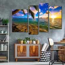 Load image into Gallery viewer, ocean beach canvas print colorful hawaii ocean 4 piece canvas yellow sunset sea canvas wall art in living room
